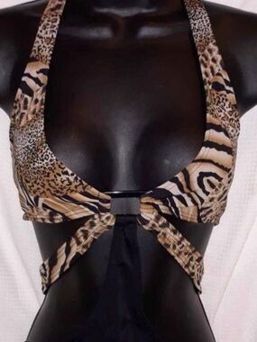 Y2K Sexy Wet Seal Animal Print One-Piece Swimsuit - Black and Tan XS